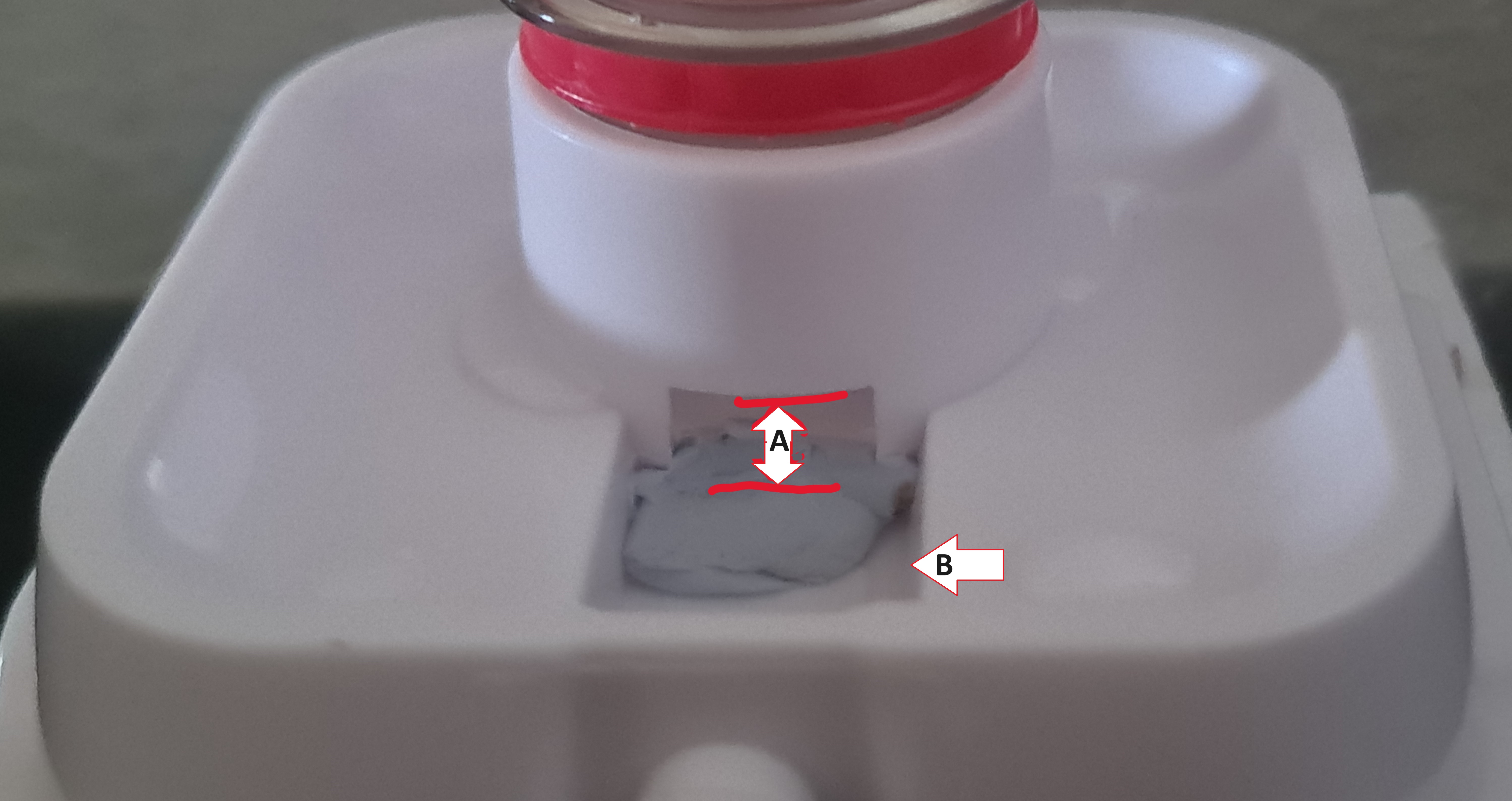 Image shows incubator water holder with arrows showing a gap so water can get into the water well with water visable at arrow B 