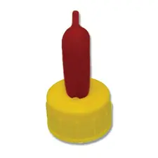 Red rubber drinking nipple with yello screw on cap